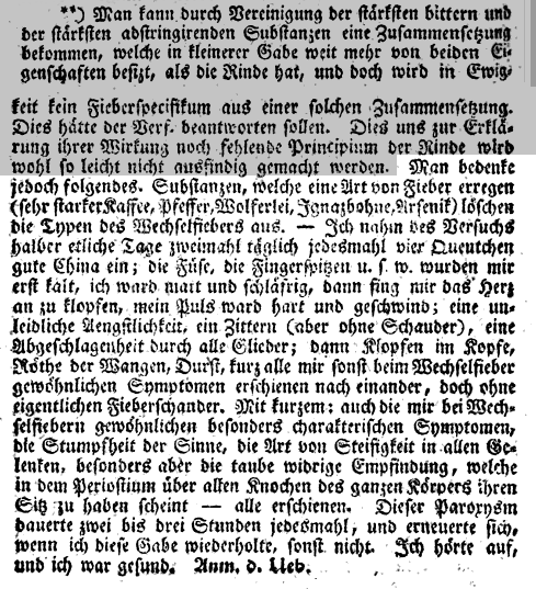 Fußnote Samuel Hahnemanns in William Cullen: „Abhandlung über die Materia medica, Band 2“